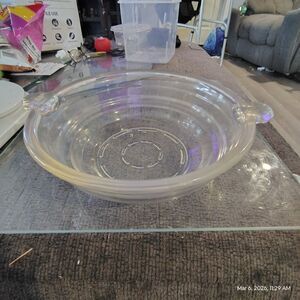 Vintage Glasbake #55 Clear Glass Handled Casserole Dish 9” Round Ovenware USA